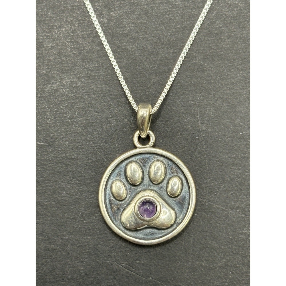 New Condition 18" Sterling Silver Amethyst Dog Cat Paw Pendant Necklace H19